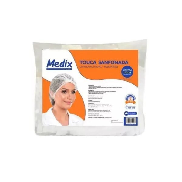Touca Descartável Sanfonada Branca Medix Brasil - Caixa com 100 Unidades